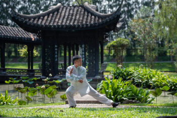 Asiatischer Mann bei Tai Chi Übungen im Park